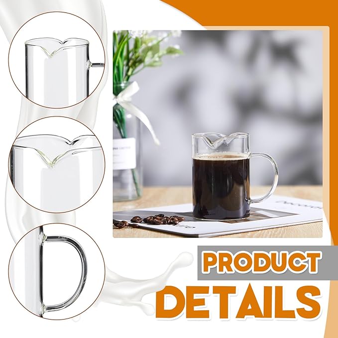 Leinuosen 2 Pcs Small Glass Creamer Pitcher with Spout Milk Frothing Pitcher Elegant Shaped Glass Coffee Tea Milk Creamer Jug Creative Milk Frother Cup (Simple Style,250ml)
