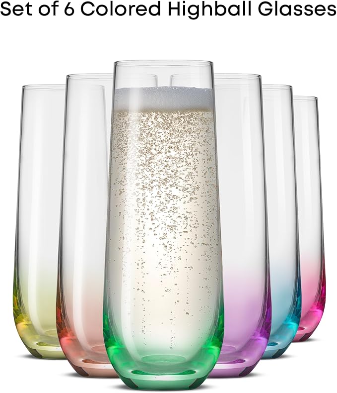 JoyJolt Hue Stemless Champagne Flutes Set of 6 Colored Glasses, 9.5oz Cocktail Glass Set for Mimosa, Stemless Champagne Glasses, Prosecco Wine Flute, Bar Glassware