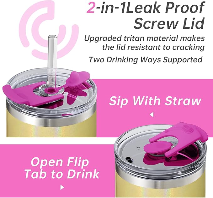 COKTIK 40 oz Tumbler With Handle and Straw Lid, Vacuum Insulated Travel Coffee Mug Stainless Steel Insulated Cup for Beverages, Leak-proof, Cupholder Friendly (Glitter Rainbow)