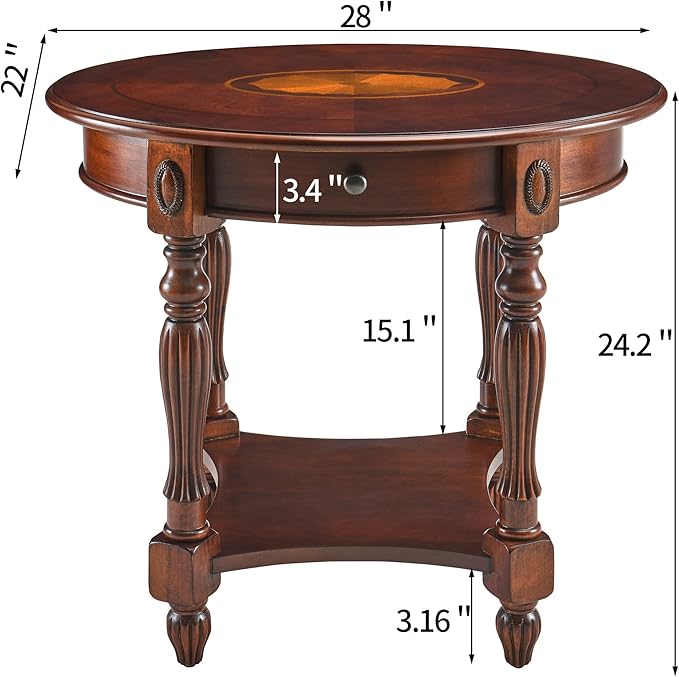 Solid Wood Oval End Table with Drawer and Storage Shelf, Traditional Vintage Side Table Polished Edging Bedside Nightstand for Living Room Bedroom Home, Cherry Walnut