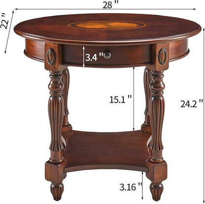 Solid Wood Oval End Table with Drawer and Storage Shelf, Traditional Vintage Side Table Polished Edging Bedside Nightstand for Living Room Bedroom Home, Cherry Walnut