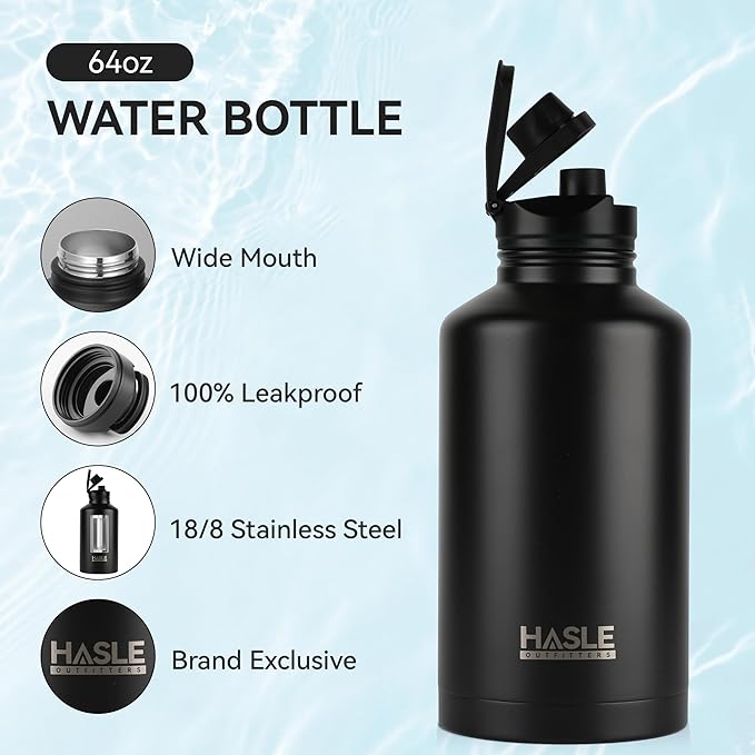 HASLE OUTFITTERS Half Gallon Insulated Water Bottles 64 oz, Stainless Steel Metal Water Jug with 2 Lids Keep Cold 48h/Hot 24h, Leak Proof & BPA-Free Water Flask Jug(Black,1)