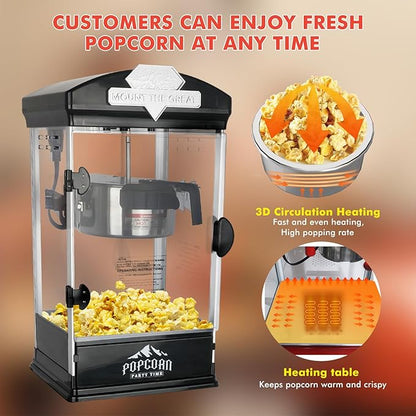Popcorn Machine with Cart, Wheels & 10 Oz Kettle Popcorn Maker, Movie Theater Popcorn Maker Machine, Home Theater Popcorn Popper Measuring 3 Plastic Spoons