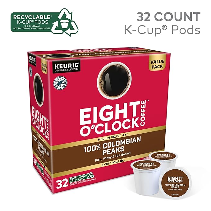 Eight O'Clock Coffee Colombian Peaks Single-Serve Keurig K-Cup Pods, Medium Roast Coffee Pods, 32 Count
