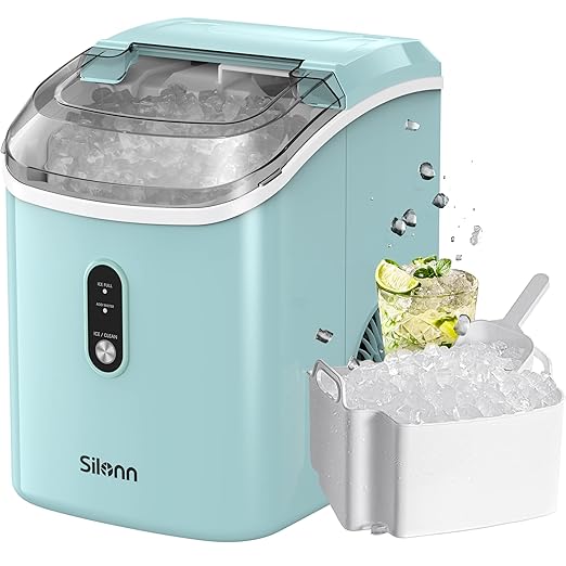 Nugget Ice Maker Countertop, Silonn Chewable Pellet Ice Machine with Self Cleaning Function, Pebble Portable Ice Maker with Ice Scoop for Home Kitchen Office, Green