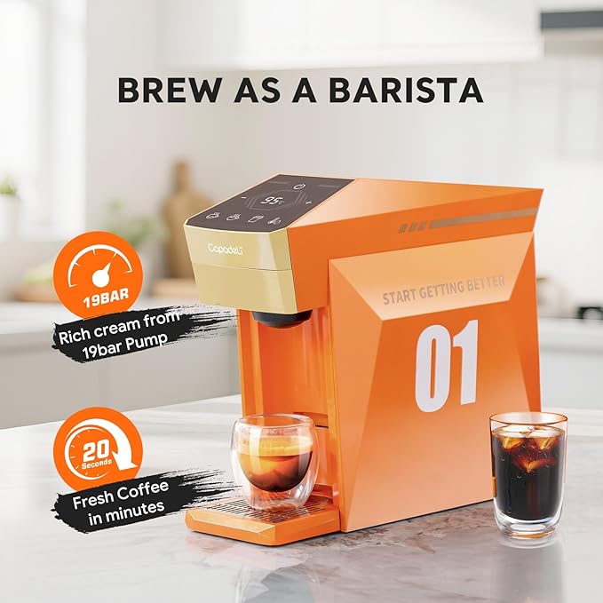 3 in 1 Single Serve Coffee Maker,Fast Brew in 1 minute 19Bar Pump Coffee Machine for K*Cup、NES*press and Ground Coffee,with 27oz Removable Water Reservior, Orange Espresso Coffee Machine