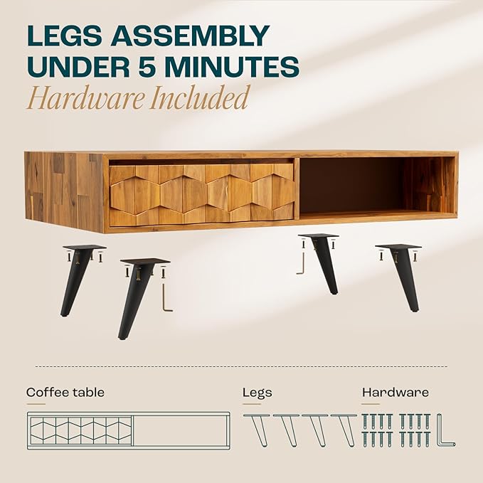 Bme Georgina Solid Wood Coffee Tables for Living Room, Coffee Table Mid Century Modern with 2 Symmetrical Storage Drawers & Geometric Details, Fully Assembled Center Table, Teak Brown