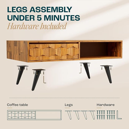 Bme Georgina Solid Wood Coffee Tables for Living Room, Coffee Table Mid Century Modern with 2 Symmetrical Storage Drawers & Geometric Details, Fully Assembled Center Table, Teak Brown