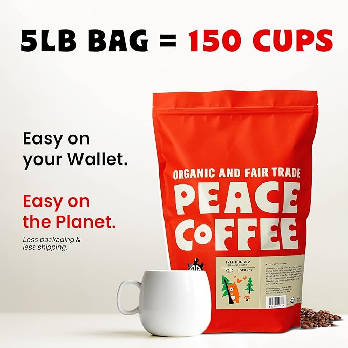 Peace Coffee Tree Hugger Signature Blend | 5 lb Ground Dark Roast | Organic Fair Trade | Soft, Smooth Flavor | Shade Grown, Fresh Roasted