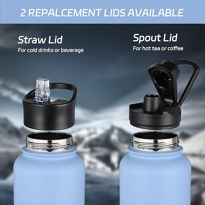 HASLE OUTFITTERS 32 oz Insulated Water Bottle Stainless Steel Double Walled Vacuum Sports Water Bottle with 2 Lids (Straw and Spout Lid) for Gym Camping Hiking(Blue,8)