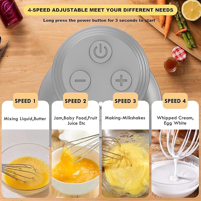 Electric Hand Mixer with Whisk, Handheld Electric Whisk, Hand Blender Set for Mini Food Processor, Rechargeable Cordless Handheld Mixer, Small Food Chopper for Dicing, Mincing, and Puree, 4-Speed,10Oz