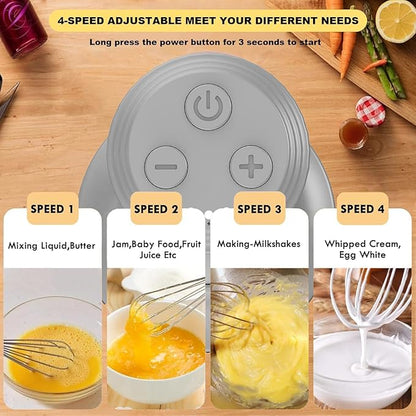 Electric Hand Mixer with Whisk, Handheld Electric Whisk, Hand Blender Set for Mini Food Processor, Rechargeable Cordless Handheld Mixer, Small Food Chopper for Dicing, Mincing, and Puree, 4-Speed,10Oz