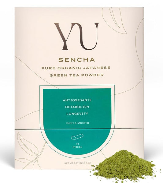 Yu Tea Organic Sencha Green Tea Powder, Instant Packets | Rich in Antioxidants, EGCG, & L-Theanine | Pure Japanese First Harvest Leaf | Low Caffeine & Unsweetened | Single Serve Sticks, 30 Ct