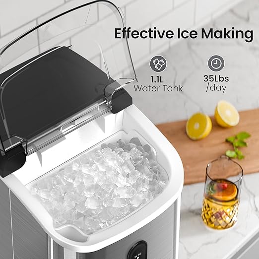 Nugget Ice Maker Countertop with Self-Cleaning Function, Sonic Ice Machine with Handle, Compact Design for Home Use(Stainless Steel Silver)