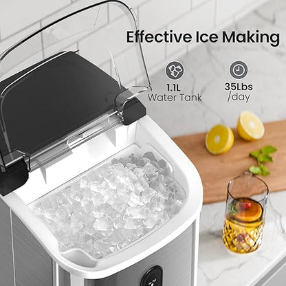 Nugget Ice Maker Countertop with Self-Cleaning Function, Sonic Ice Machine with Handle, Compact Design for Home Use(Stainless Steel Silver)