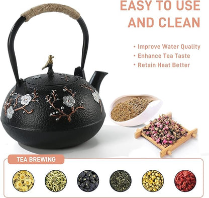 Cast Iron Teapot SECHUDO Teapot for Stovetop Safe Coated with Enameled Interior,Japanese Beautiful Tea Kettle with Stainless Steel Infuser for Loose Tea (40.6oz/1200ml)