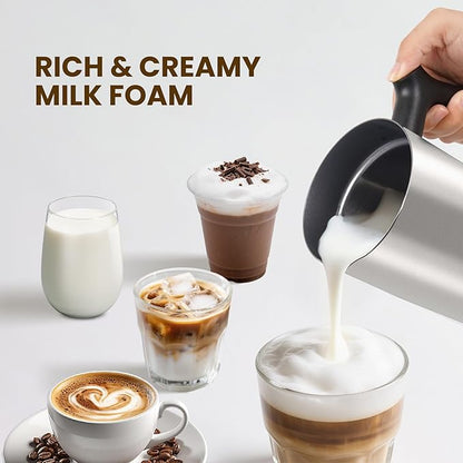Milk Frother, 4-in-1 Milk Frother and Steamer, 10.6oz Electric Milk Steamer, Automatic Cold and Hot Foam maker for Lattes, Cappuccinos, Ceramic Lining Interior, Brushed