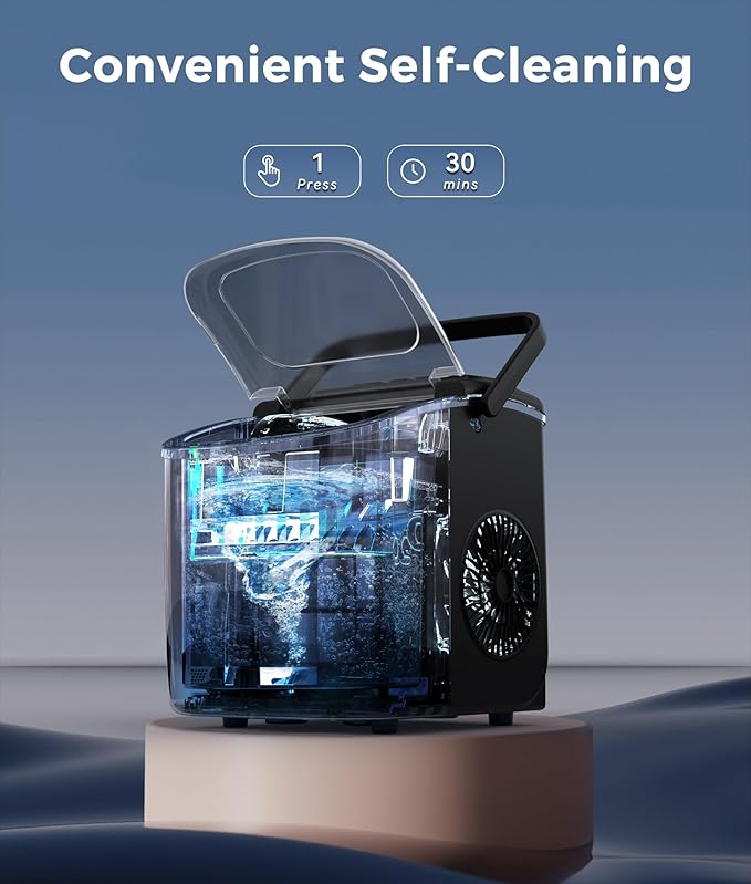 ecozy Ice Maker Countertop, 9 Cubes Ready in 6 Mins, 26 lbs per Day, Portable Ice Machine with Self-Cleaning, 2 Ice Sizes for Home, Kitchen, Camping, Office, RV, Cup Included, Black