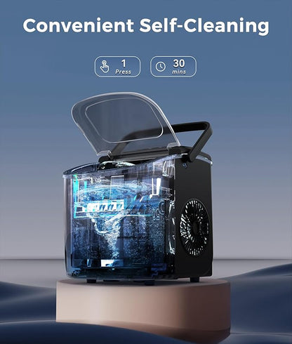 ecozy Ice Maker Countertop, 9 Cubes Ready in 6 Mins, 26 lbs per Day, Portable Ice Machine with Self-Cleaning, 2 Ice Sizes for Home, Kitchen, Camping, Office, RV, Cup Included, Black