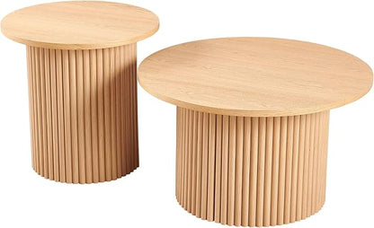 NORDICANA Nesting Round Coffee Table Set of 2, Boho 2 Piece Side Table End Table Set for Living Room Bedroom, Manufactured Wood Top with Oak Veneer