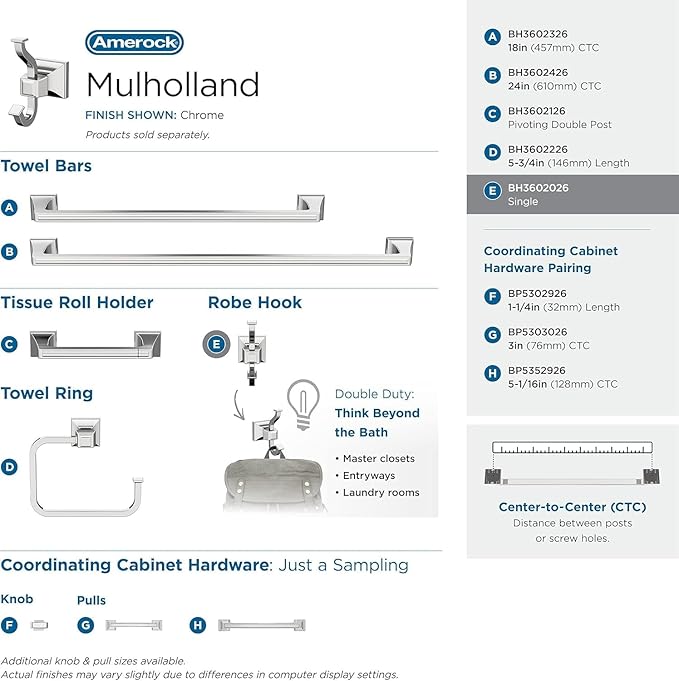Amerock BH3602026 | Chrome Single Robe Hook | 4-1/4 in. (108 mm) Length Towel Holder | Mulholland | Towel Hook for Bathroom | Bathroom Hardware | Bath Accessories