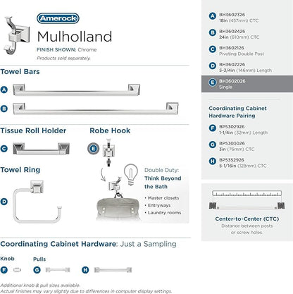Amerock BH3602026 | Chrome Single Robe Hook | 4-1/4 in. (108 mm) Length Towel Holder | Mulholland | Towel Hook for Bathroom | Bathroom Hardware | Bath Accessories