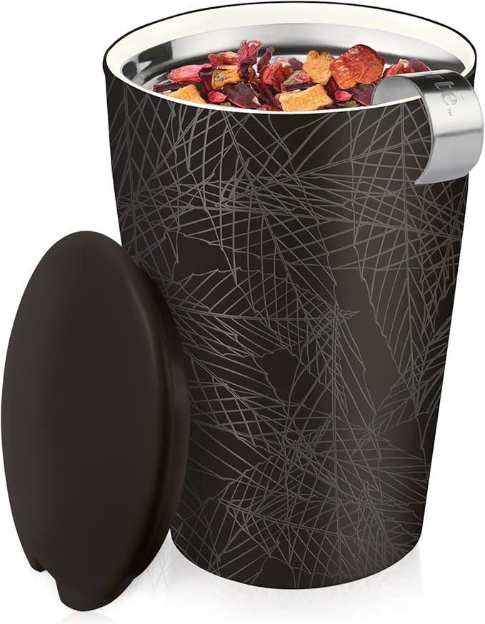 Tea Forte Noir Double-Walled Ceramic Kati Cup with Removable Stainless Steel Infuser Basket and Lid, Steeps 12 oz Loose Leaf Tea, Lid and Cup Dishwasher & Microwave Safe