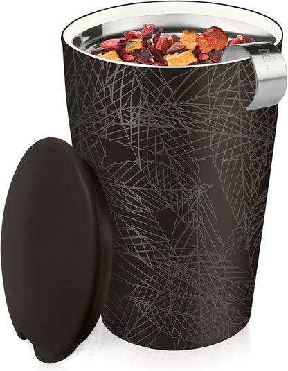 Tea Forte Noir Double-Walled Ceramic Kati Cup with Removable Stainless Steel Infuser Basket and Lid, Steeps 12 oz Loose Leaf Tea, Lid and Cup Dishwasher & Microwave Safe
