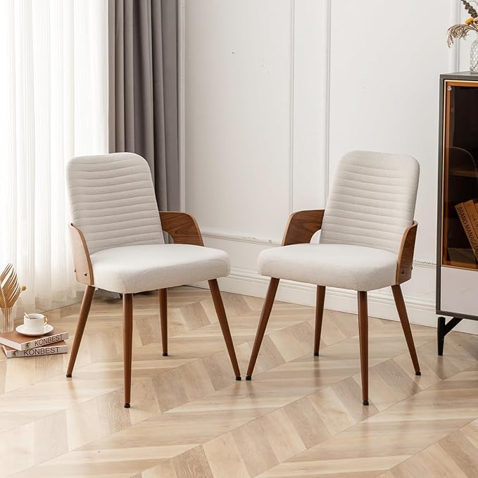 Dining Room Chairs Set of 4,Mid Century Modern Kitchen Chairs,Upholstered Beige Fabric Accent Chairs,Metal Legs Wooden Desk Chairs Armless and No Wheels for Kitchen Dining Living Room