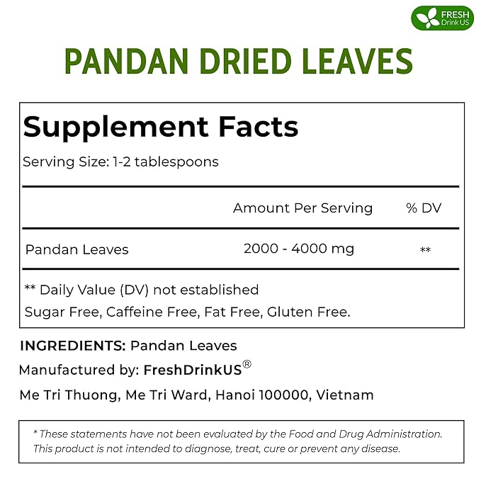 FreshDrinkUS, Premium 8oz Natural Pandan Leaves Dried, 100% Pure Dried Pandan Leaves, Pandan Leaf Tea, No Additives, No Caffeine, Vegan (8 oz Dried Leaves)