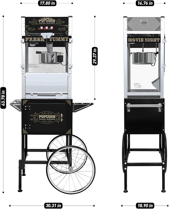 Commercial Popcorn Maker with Cart & 20oz Kettle, 1440W Vintage Popcorn Machine on Wheels with Tempered Glass & Warming Deck for Theater, Business, Home Party Events, Black