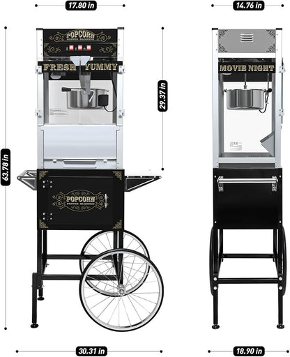 Commercial Popcorn Maker with Cart & 20oz Kettle, 1440W Vintage Popcorn Machine on Wheels with Tempered Glass & Warming Deck for Theater, Business, Home Party Events, Black