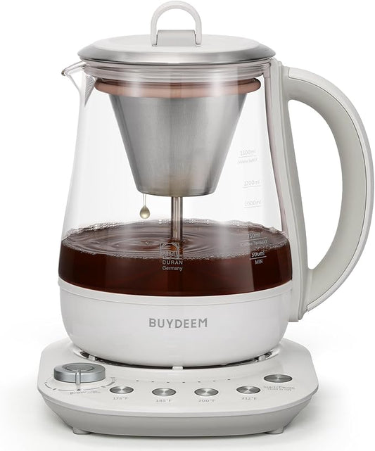 BUYDEEM K156 Tea Maker, Electric Kettle for Coffee and Tea Brewer, 6 Brew Strength Selection for Extracting, 4 Temperature Settings, Boil Dry Protection, 2 Hours Auto Keep Warm, Oat White, 1.5L/1.6QT