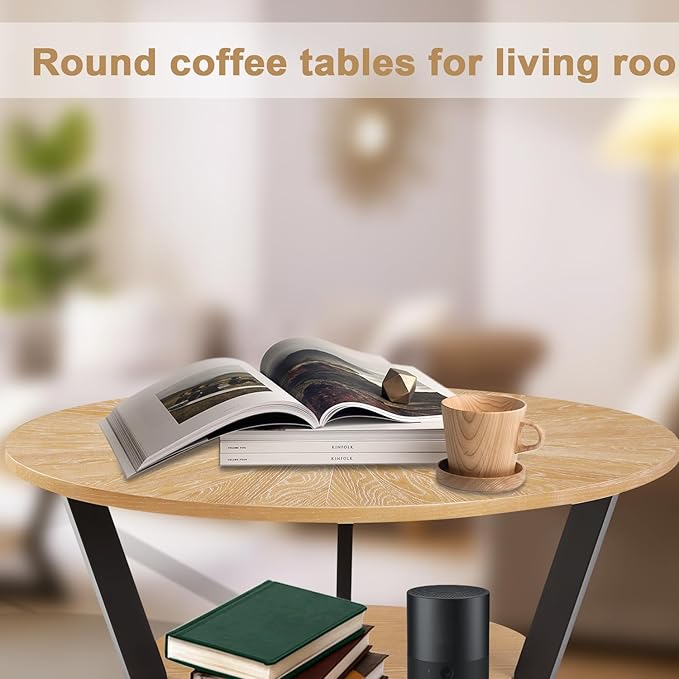 Round Wood Coffee Table for Living Room, 2-Tier Rustic Circle Coffee Table with Storage, 35”x 17” Real Wood Desktop with Metal Frame, Radial Pattern