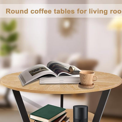 Round Wood Coffee Table for Living Room, 2-Tier Rustic Circle Coffee Table with Storage, 35”x 17” Real Wood Desktop with Metal Frame, Radial Pattern