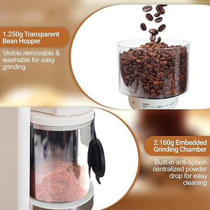 Electric Burr Coffee Grinder with 25 Grind Setting for 2-12 Cup Adjustable Stainless Steel Dosing Bean Mill Home Automatic Conical Freshly Ground Espresso Grinder with Cleaning Brush White