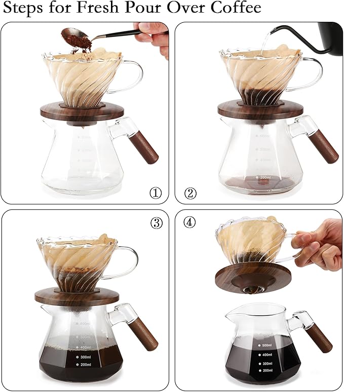 Pour Over Coffee Dripper with 100 pcs of Size 02 Paper Filter, Borosilicate Glass & Walnut Collar, Drip Coffee Maker, 1-3 Cups, Clear (Coffee Dripper)