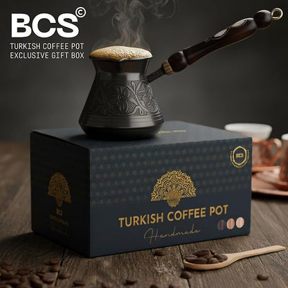 BCS 18 Oz X-Large Copper Turkish Greek Arabic Coffee Pot with Wooden Handle (6 servings) Cezve Briki Ibrik Stovetop Coffee Maker (Includes Wooden Spoon)