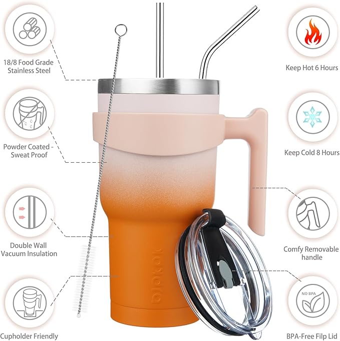 BJPKPK 30 oz Tumbler With Handle And Straw Stainless Steel Insulated Tumbler With Lid Reusable Metal Coffee Cups,Coral