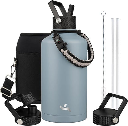 Insulated Water Bottle with Straw,87 oz 3 Lids Water Jug with Carrying Bag,Paracord Handle,Double Wall Vacuum Stainless Steel Metal Flask,Storm Blue