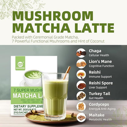 Mushroom Matcha Powder Latte Mix, 7.4 Ounce, 7 Superfood Mushrooms with 25% Beta-Glucans, Lions Mane, Reishi, Chaga, Coconut Powder, Ceremonial Grade Matcha Tea