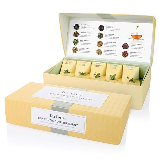 Tea Forte Tea Tasting Assortment Premium Petite Presentation Box Gift Set Sampler, 10 Count, 1 of Each Variety Individually Wrapped Handcrafted Pyramid Infuser Bags