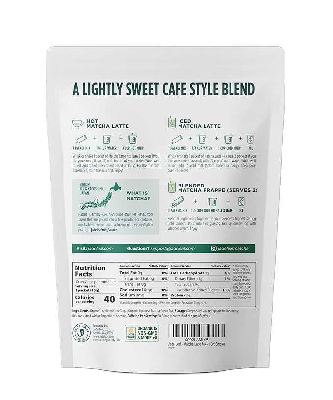 Jade Leaf Organic Matcha Latte Mix - Cafe Style Sweetened Blend - Sweet Matcha Green Tea Powder - 10ct Single Serve Stick Packs