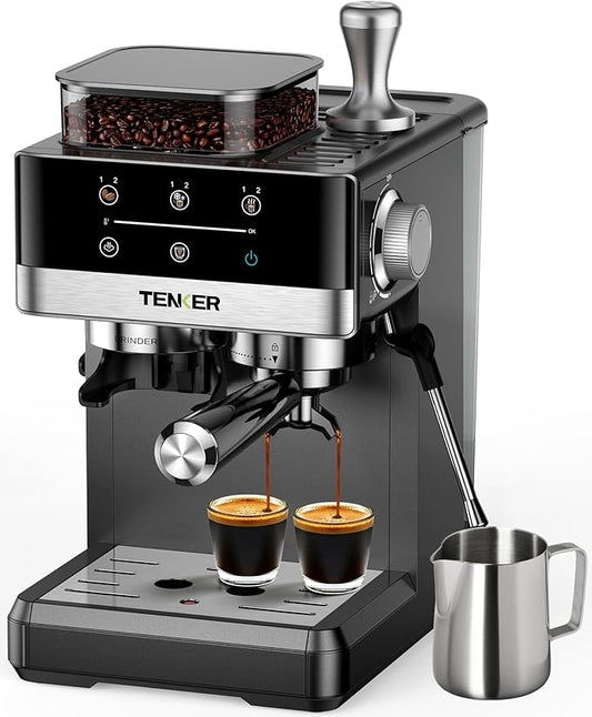 TENKER Espresso Machine with Grinder, 20 Bar Coffee Machine with Milk Frother for Home, All-in-One Stainless Steel Coffee Maker to Make Latte, Cappuccino, Hot or Cold Brew Iced Coffee, Americano