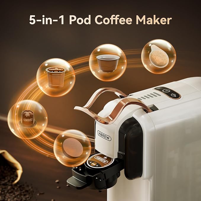 HiBREW H2B 5-in-1 Pod Coffee Maker - Compatible With 4 Coffee Capsule as Well as Espresso Powder, Makes Iced Coffee, Espresso, Cappuccino, Long Black. Hotel Kitchen Coffee Machine