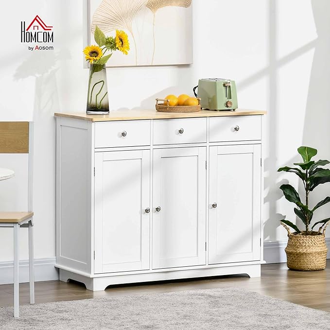 HOMCOM Sideboard with Solid Wood Countertop, Modern Kitchen Storage Cabinet, Coffee Bar Cabinet with 3 Drawers, Doors and Adjustable Shelf, White