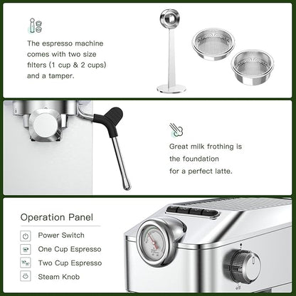 Espresso Machine 20 Bar - Stainless Steel Silver Coffee Maker for Home & Office, Compact with Fast Heating, High-Pressure & Removable Water Tank for Coffee Lovers