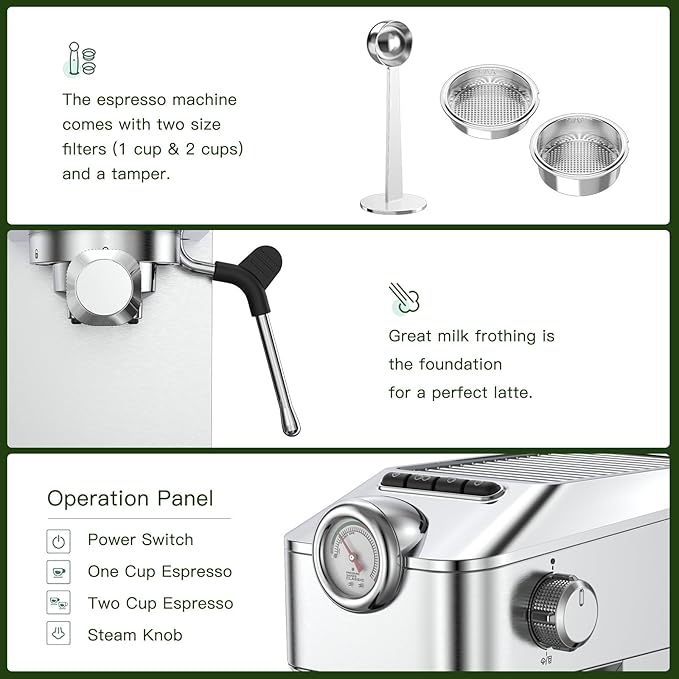 Espresso Machine 20 Bar - Stainless Steel Silver Coffee Maker for Home & Office, Compact with Fast Heating, High-Pressure & Removable Water Tank for Coffee Lovers