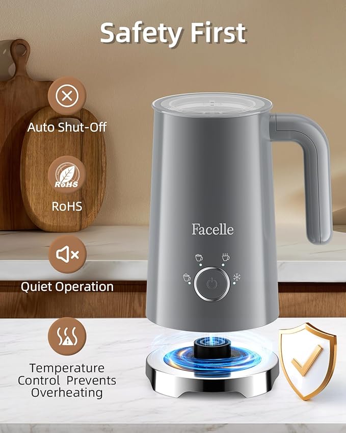Facelle Milk Frother, 4-in-1 Electric Milk Steamer and Frother, 10oz/300ml Automatic Hot & Cold Foam Maker and Milk Warmer with Auto Shut-Off, for Latte, Cappuccino, Macchiato, Hot Chocolate - Grey