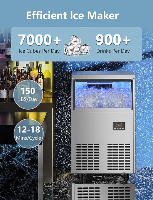 Coolski Commercial Ice Maker Machine, 150LBS/24H Under Counter Ice Maker with 35LBS Ice Storage,Stainless Steel Freestanding Ice Maker for Restaurant, Home, Bar, Office, Party, Outdoor Activities
